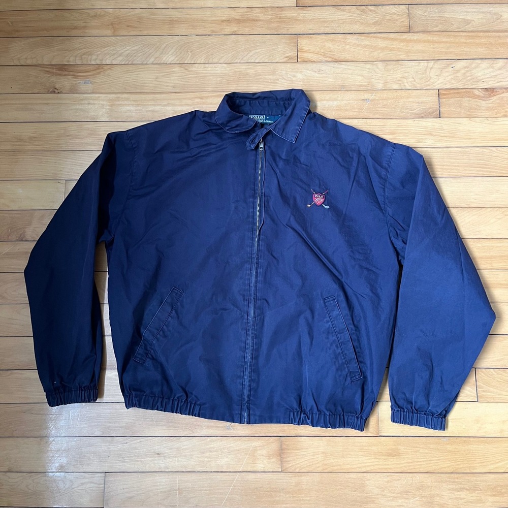 Vintage Polo Ralph Lauren Mens Navy Blue Cotton Harrington Golf Jacket Logo XL